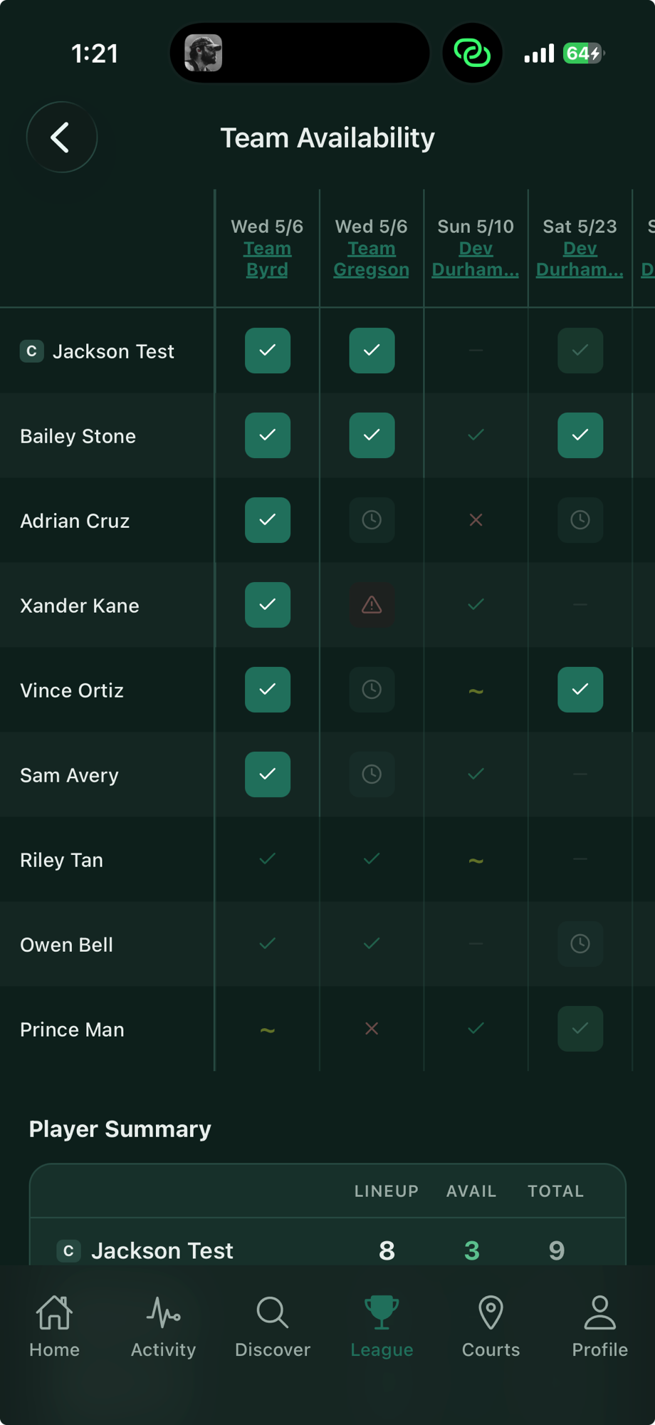 Courted league screen